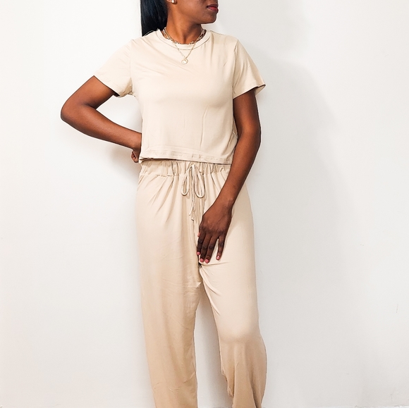 NWT loungewear set short sleeves extra soft tan L - Picture 2 of 5